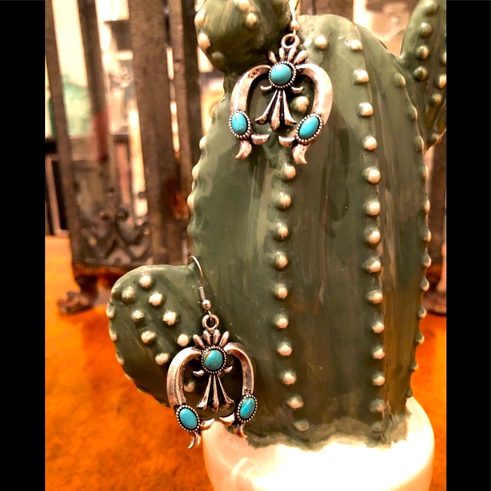 SQUASH BLOSSOM SILVER TURQUOISE EARRINGS LAST PAIR